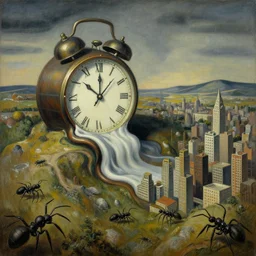 surrealist landscape, clock melting, ant city, painting, highly detailed