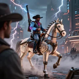 photo from shoulder of a led cowboy, riding a led steampunk horse, carrying a big gun, on a futuristic city, cinematic lightning, ray tracing, unreal engine 5, photorealistic, 8 k, uhd, 4 k, red dead redemption 2 game concept, extremely detailed, beautiful, elegant, intricate, foggy, in - game footage