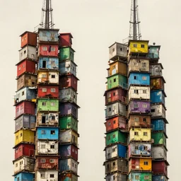 close - up view of two symmetrical suspended towers made up of colourful makeshift squatter shacks, faded colours, uniform off - white sky, dystopia, hasselblad x 1 d, very detailed, photographed by cristina de middel