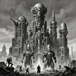 b & w inks of 4 character, tiered flayed god machines, cluster tiered heirarchy, battle chaos, mainframe hydrocracking battles, medical chromed, dystopian, by alex nino, wayne d barlowe, h r giger, simon bisley & boris vallejo, enric torres, hyper realism, narrative light, muted colors, epic, hyper detailed, awe inspiring,
