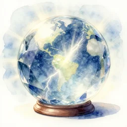 a magical and exquisite fantasy watercolor and ink illustration of an intricate and faceted crystal ball with a world inside of it + dissolving in to light + prism + god rays + dramatic lightning + backlit + specular highlights + ambient occlusion + global illumination + bump map + reflective + caustics + refractive + unreal engine 5 + DOF + sharp focus + watercolor artwork by Alvaro Castagnet