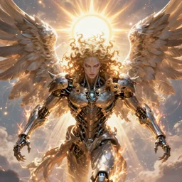 digital art of a pale menacing male Cyborg Angel of Battle with fluffy blond curls of hair and piercing eyes, ascending to godhood blessed by the sun, bathed in scintillating radiance, johan liebert mixed with Dante, central composition, he commands the fiery power of resonance and wrath, very very long blond curly hair, fringe over forehead, Center parted bangs, forehead bangs parted in the middle, baroque curls, by WLOP, Artstation, CGsociety