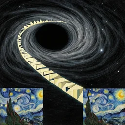 fibonacci sequences, cascading trough out the universe. massive blackhole warping space and light. japanese embroidery. retro minimalist art by jean giraud and van gogh.