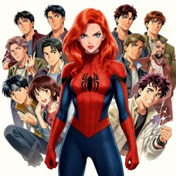red - haired mary jane watson as spiderman girl, by artgerm, dent wu, dan mumford, beeple, wlop, rossdraws, james jean, marc simonetti, artstation giuseppe dangelico pino and michael garmash and rob rey and greg manches and huang guangjian and makoto shinkai
