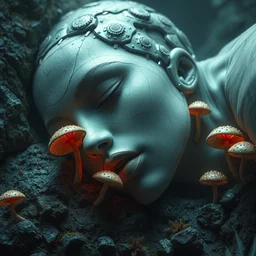 a bio - mechanical pretty sleeping giant woman with mushrooms as camouflage highly detailed, cinematic, perfect face, cyberpunk, fine details, studio lighting, subtle shadows, art by stephen bliss, unreal engine, fantasy art by greg rutkowski, loish, rhads, ferdinand knab, makoto shinkai and lois van baarle, ilya kuvshinov, rossdraws, tom bagshaw, alphonse mucha, global illumination, radiant light, detailed and intricate environment, photo - realism, hyper realism, octane render