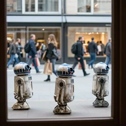 in the background through the window there is people moving around with shopping bags, and droids walking