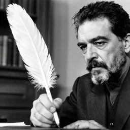 black and white close - up photograph from the early 1 9 0 0 s of fidel castro with a giant massive quill signing the declaration of independence with a ( ( ( giant!!!!! massive!!!!! quill!!!!! ) ) ), wooden furniture out of focus in the background, high quality, hyperdetailed