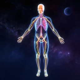 the human nervous system in fantastic colours floating in space. digital art.