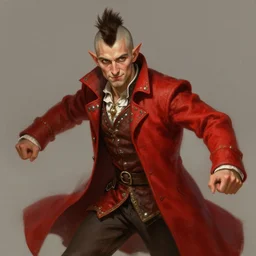 medium-length portrait of a male half-elf dashing swashbuckler with a mohawk and brown eyes, fair skin, cocky expression, wears a ostentatious bright red longcoat, medieval setting, highly detailed, digital painting, artstation, concept art, sharp focus, illustration, art by greg rutkowski and alphonse mucha