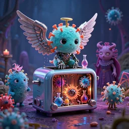 Cute Coronavirus Creatures, Infernal Nymph, The Graveyard, cinematic, hyper realism, high detail, octane render, unreal engine, 8k, vibrant color, Mechanical Angel, futuristic toaster with complex circuitry!, Potions for the modern adventurer!!!, by dom qwek and andrea chiampo
