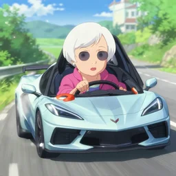 photorealistic Janet Yellen driving a corvette on a summer day, anime key visual, digital art, anime screenshot, kyoto animation, makoto shinkai, trending on artstation