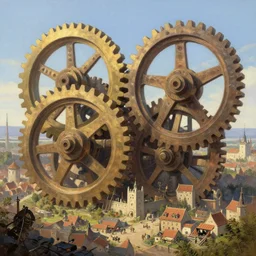 giant interlocked gears cogs no people clockwork, giant mechanisms, industry, villages castles, buildings vista artstation illustration sharp focus sunlit vista painted by ruan jia raymond swanland lawrence alma tadema zdzislaw beksinski norman rockwell tom lovell alex malveda greg staples