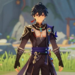 A man with dark magic superpowers in the genshin impact style