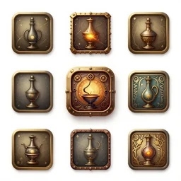 ui designer ， icon design ， the game icon ， cord ， game asset vector art, steampunk ， alchemy workshop by victo ngai and alphonse mucha ， ultra detailed ， reference sheet white background fine details unreal engine, 4 k hd wallpaperjpeg artifact, blur, artfact