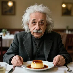 a portrait of albert einstein sitting at the dining table with a plate containing caramel custard in front of him, highly detailed, trending on artstation, bokeh, 9 0 mm, f / 1. 4