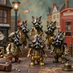tin toy assassin machine cats with black gas masks in victorian london, nicoletta ceccoli, mark ryden, lostfish, max fleischer, depth of field, detailed and intricate retro environment, 8 k resolution, hyperrealistic, octane render