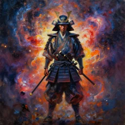 an expressive oil painting of a samurai standing, depicted as an explosion of a nebula