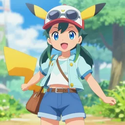Extremely Happy Blue Eyed Female Anime Pokemon Trainer wearing light summer clothing