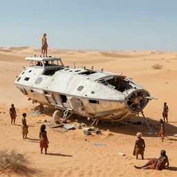 a destroyed spaceship that is being disassembled by aborigines for spare parts in the desert, 8 k, hyperrealistic symmetrical hyperdetailed pastel maria panfilova, andrea savchenko, ludovic plouffe, qi sheng luo, oliver cook, trending on artstation