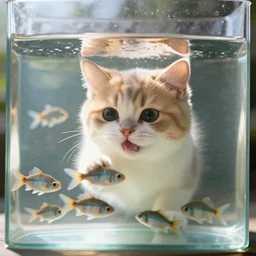 cute happy pet cat fish hybrid swimming in a glass of water hunting for dog mice hybrid fishes, sun shining through the glass, award - winning pet photography, soft lighting, ultra detailed, dslr, cinematic, volumetric lighting, 8 k resolution, photorealistic