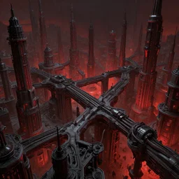 dark master constructing infinite factories, red and black science fiction scenario, giger, beksinski, digital art render