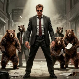 style of frank miller, of a group of werebears robbing a bank