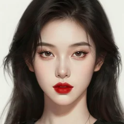 portrait of female, red lips, dark hair, intricate, elegant, highly detailed, digital painting, artstation, concept art, smooth, sharp focus, illustration