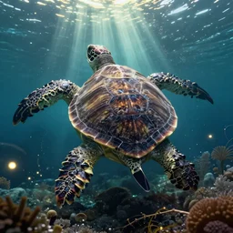 a stunning ultra detailed underwater fantasy fine art photo of a giant robotic turtle, surrounded by fireflies, by artgerm, karol bak and anna dittman, crepuscular rays, very detailed, back view, deep depth of field, 5 0 mm lens, soft lighting, artstation, highly coherent, 8 k