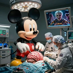 graphic art of brain surgery in garage, huge float mickey mouse decaying in claw center left, mechanic surgeon astronauts, beeple movie still, zombie