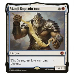 a magic the gathering card, worn and textured, giant legionary monster holding throwing wet noodles
