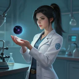 a league of legends concept art of a beautiful young female scientist in a laboratory holding a small black hole in her hand, style by jordan grimmer and greg rutkowski, ponytail, elegant, sharp focus, morandi color scheme, illustration, high quality, highly detailed, digital art, 4 k wallpaper, hyperrealism