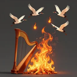 in the lower part of the picture is the harp burning in the fire, above are cranes flying in flames, digital painting, concept art