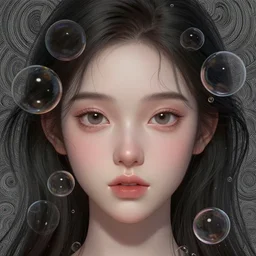 closeup portrait perfectly detailed of a beautiful mysterious girl, bubbles around head, cute eyes, swirly intricate linework background by stanley artgerm lau, smooth, digital painting, by greg rutkowski and james jean, zbrush, trending on artstation, unreal engine 5
