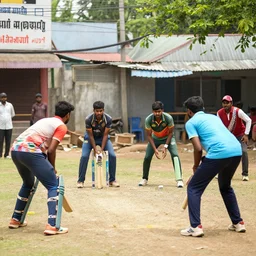 four tamil friends playing a game of cricket, on an indian street, award winning picture, national geographic, photo realistic
