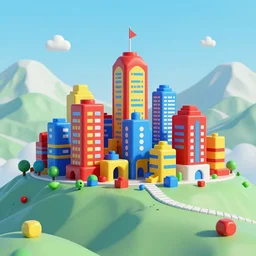 futuristic city on a mountainside, red - yellow - blue buildings, city, q - bert blocks, colorful blocks on hillside, 3 d blocks, cel - shaded, raytracing, cel - shading, toon - shading, 2 0 0 1 anime, flcl, jet set radio future, drawn by artgerm
