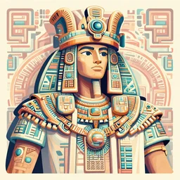 overdetailed maximalist illustration of an mayan emperor by dracko velasco featuring paul lewin, in the style of subjekt zero. reminds to works of chris dyer. vectorgraphic illustration. 8 k 3 d shaded. polished. pastel colors