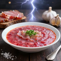 plate of borscht, brown bread with sliced salo, salt, hyper realistic, extremely detailed, photorealism, garlic on background, side view, bokeh, epic lightning, yamy, sigma 8 5 mm f 1. 5!!