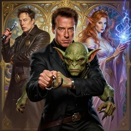 film still dnd, close portrait arnold schwarzenegger fight goblin, kate beckinsale lockpicking, charlize theron cast spell, elon musk, 8 k, deep focus, d & d, fantasy, intricate, elegant, highly detailed, digital painting, artstation, concept art, matte, sharp focus, illustration, hearthstone, art by artgerm and greg rutkowski and alphonse mucha