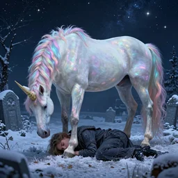a iridescent unicorn mourning a human in a snowy graveyard on a starry night, ultra realistic, concept art, intricate details, highly detailed, photorealistic, octane render, 8 k, fantasy art, art by mary jackson