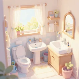 placid pastel morning cute cluttered painterly fluffy tiny cramped bathroom trending on pixiv