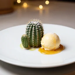 a fine dining dessert plate of spiky cactus and ice cream, sugar sprinkled, honey, food photography, michelin star, fine dining, bokeh