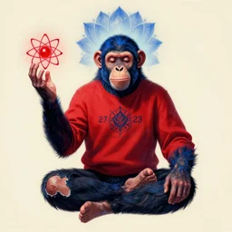 ripped physique spirit lotus pose chakra telekinesis crown cobalt artificer Chimpanzee wearing vermillion sweatshirt brandishes a red atomic orb meditation kent monkman elina brotherus jen bartel jim lambie greg rutkowski rothko tombow