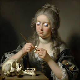 a girl made from teeth and bones, painting by francois boucher, sad googly eyes