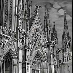 disasterpiece gothic church gargoyles midnight, by Edgar Maxence and Ross Tran and Michael Whelan and Da Vinci, intricate line drawings, by Edgar Maxence and Ross Tran and Michael Whelan, 4k resolution
