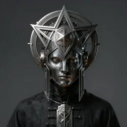 a dark sci fi matte painting portrait of a neo - futuristic shadow priest wearing a massive cyber headdress made of realistic metal forming into a pentagram and wearing art deco armor while casting glowing death spells, art deco shapes, cinematic lighting, rim light smooth, dark sci fi, unreal engine, octane render, by blizzard studios, golden rule, subject in center of frame, fog volumes, vivid color glow, cgsociety