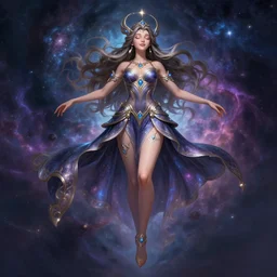 a highly detailed illustration of elegant goddess wearing cosmic dress, elegant floating pose, beautiful detailed figure, nebula background, closed eyes smile expression, intricate, elegant, highly detailed, centered, digital painting, artstation, concept art, smooth, sharp focus, league of legends concept art, wlop