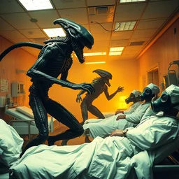 big budget science fiction movie frenzy high action sputtering mutant alien shapeshifters set in a trashed burning war torn hospital high energy fight scene between bizarre disturbing slimy wet terrifying alien life forms and doctors wearing gas masks on hospital beds dramatic lighting chiaroscuro