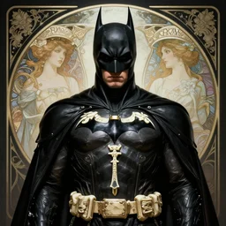 dramatic portrait of batman, black leather garment with art nouveau ivory accessories, cyberpunk, darksynth, luxury, concept art by jama jurabaev, extremely detailed, ominous, ethereal, artstation, andree wallin, edvige faini, jeremy mann, alphonse mucha
