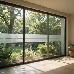 a room, sunlight, glass walls, water levels, trees, shrubs, flowers, warm and calm