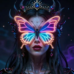 a portrait of a beautiful woman with a neon butterfly covering her face head, cult secret society art by james paick, and shaddy safadi, ominous, cosmic horror, trending on artstation, ultra detailed, hyper realistic 4 k, unreal engine, octane render, cinema 4 d, c 4 d, rtx, nvidia render, nvidia vmaterials, raytracing, render beeple